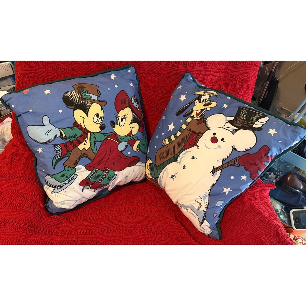 Vintage Disney Christmas Throw Pillows Mickey Minnie Goofy Holiday Set of 2